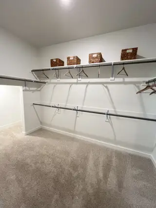 A spacious walk-in closet with plush carpeting, shelving, and hanging space. Perfect for organized storage.