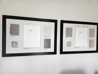 A display of carpet, tile, countertop, and cabinet door samples showcasing cool and warm design palettes for interiors.