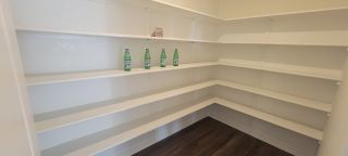 A spacious walk-in pantry in The Granary home, featuring white shelving, dark wood-look flooring, and ample storage space (San Antonio, TX).
