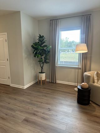 A cozy living area with wood floors, a potted plant, soft lighting, and neutral drapes for a warm, inviting ambiance.