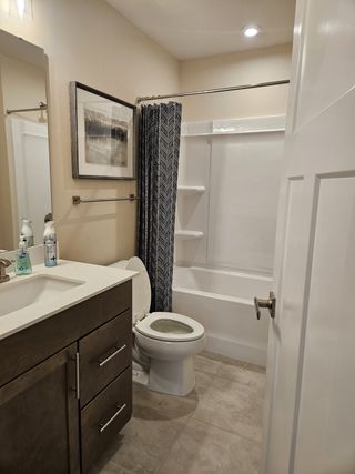 A cozy bathroom featuring beige walls, a modern vanity, framed artwork, and a sleek shower curtain.
