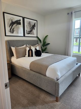 A cozy bedroom featuring a plush gray bed, abstract art, and a large window for natural light.