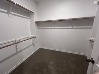 A simple, well-organized walk-in closet features carpeted flooring and white shelving with wooden rods, offering ample storage space.