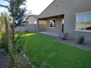 Street view A modern backyard with a covered patio and landscaped yard in Paloma Creek by Meritage Homes (Surprise, AZ).