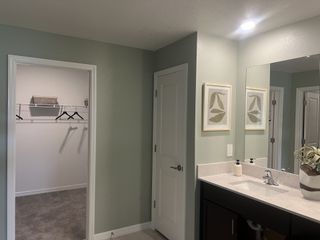 A modern bathroom features a sleek vanity, large mirror, and a spacious closet with organized shelving.