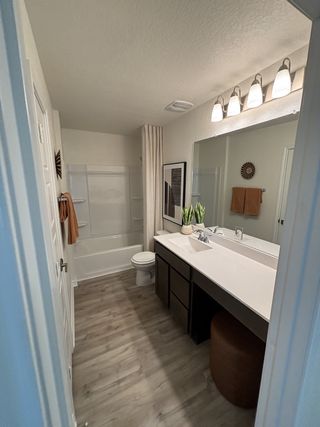Modern bathroom with sleek vanity, ample lighting, and warm wood flooring.
