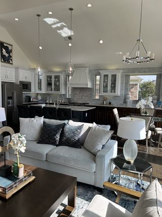 Modern open-concept living space featuring a cozy seating area, sleek kitchen with pendant lighting, and stylish decor.