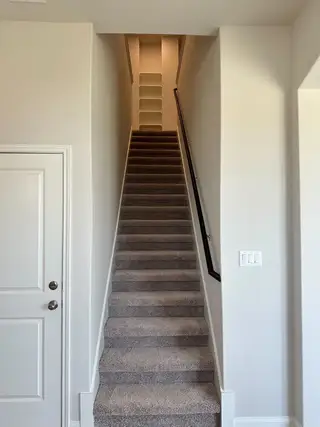 A carpeted staircase with a sleek handrail leads to built-in shelves, providing storage and style in a modern interior.