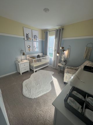 Model Home A beautifully designed nursery featuring soft pastel tones, adorable animal-themed artwork, and a cozy crib for restful nights.