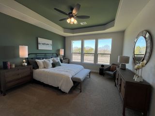 A cozy bedroom with green accent wall, modern ceiling fan, and large windows offering natural light and scenic views.