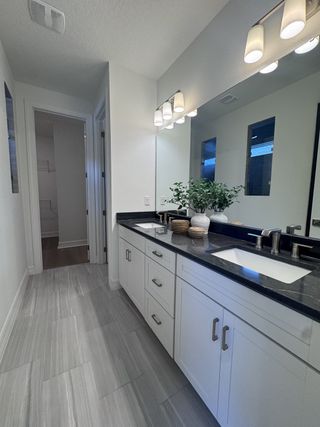 Model Home A modern bathroom with dual sinks, sleek black countertops, gray floor tiles, and chic lighting for a stylish touch.