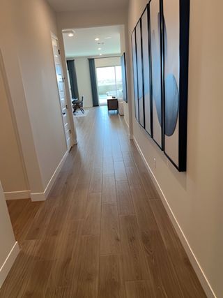 A modern hallway with sleek wooden flooring, elegant wall art, leading to a bright living area.