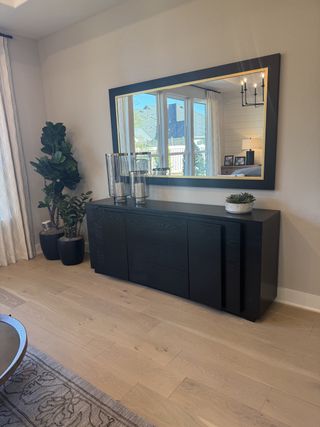 A chic entryway featuring a sleek black console, large mirror, and decorative plants, accented with warm wood flooring.