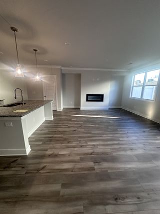 Model Home A spacious living area with light wood floors, a sleek modern fireplace, and elegant pendant lighting over the kitchen island.