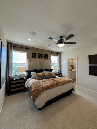 Model Home A cozy bedroom featuring a plush bed, elegant decor, and soft carpeting, creating a serene and inviting atmosphere.