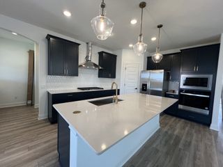 Model Home A modern kitchen with sleek navy cabinets, stainless steel appliances, and elegant pendant lighting.