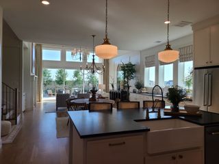 Model Home A spacious open-concept kitchen and living area with elegant lighting, large windows, and stylish decor.