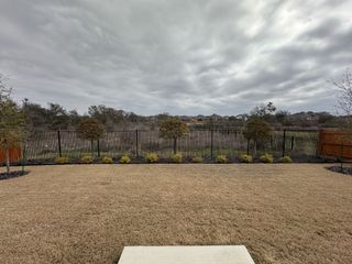 A serene backyard view with a neatly landscaped lawn in Meyer Ranch by Scott Felder Homes (New Braunfels, TX).