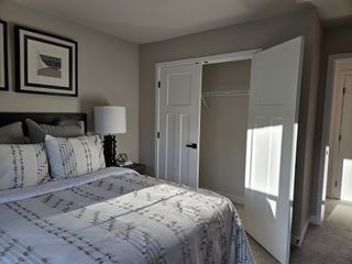 A cozy bedroom featuring a stylish bedspread, framed artwork, and an inviting open closet.