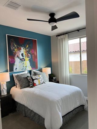 A cozy bedroom featuring a teal accent wall, colorful artwork, modern ceiling fan, and plush bedding with stylish decor.