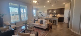 Model Home A cozy living space with a modern kitchen, dark cabinets, and sleek lighting, opening to a dining area.