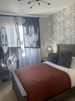 A cozy bedroom with bohemian decor, dreamcatchers, and soft neutral tones.