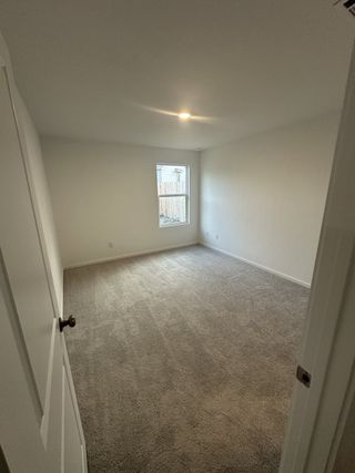 A bright, spacious room with plush carpeting and a single window, offering ample natural light.