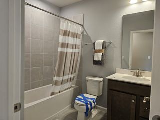 A modern bathroom with a tiled shower, dark wood vanity, and sleek fixtures.
