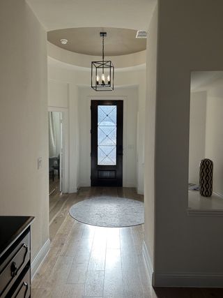 A welcoming hallway featuring a dark front door, geometric pendant light, and circular rug on wooden floors.