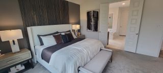 A chic master bedroom with a bold accent wall, plush carpeting, and a spacious layout for a cozy yet sophisticated ambiance.