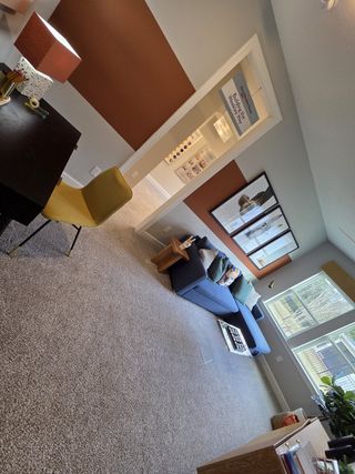 A vibrant flex space with bold accent walls, plush carpeting, and large windows offering natural light and backyard views.