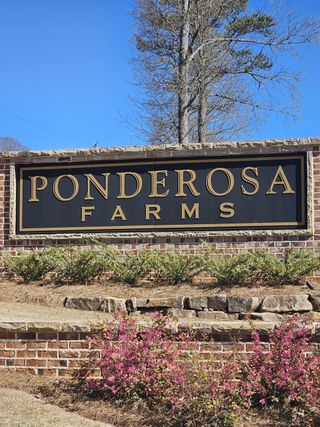 Community Amenities A stately brick entrance sign for Ponderosa Farms by Chafin Communities in Gainesville, GA, with gold lettering and vibrant pink flowers, welcoming residents.