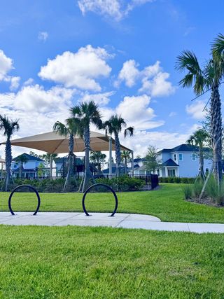 Scenic playground with palm trees and nearby homes in Crosswinds at Nocatee by Riverside Homes (Ponte Vedra Beach, FL).