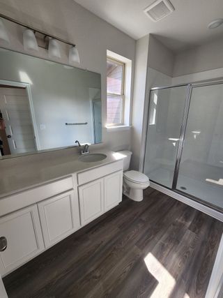 A bright bathroom featuring a large mirror, sleek shower, wood-style flooring, and elegant lighting.