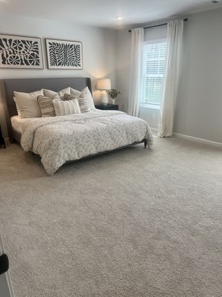Model Home A serene bedroom features plush carpeting, a tufted upholstered bed with decorative pillows, and framed botanical artwork above the headboard.