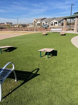 A inviting community park in The Grove at El Cidro by William Ryan Homes, featuring a manicured lawn and picnic area (Goodyear, AZ).