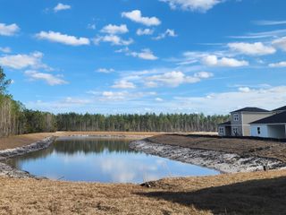 A serene pond view with lush trees and new homes in Bellbrooke by Dream Finders Homes, Jacksonville, FL.