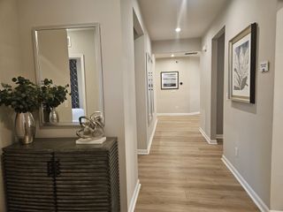 A modern hallway with light wood floors, decorative artwork, and elegant accents.