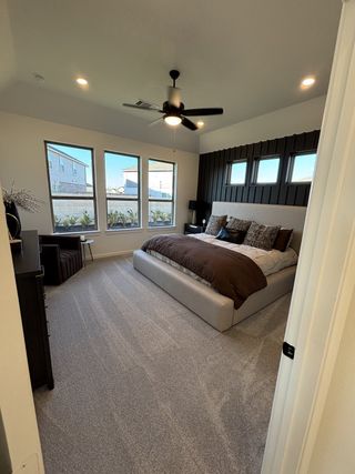 A cozy bedroom featuring a large bed with dark accents, plush carpeting, and ample natural light through multiple windows.