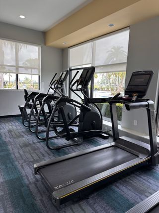 Community Amenities A modern gym with state-of-the-art treadmills and ellipticals, surrounded by large windows for natural light.
