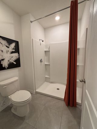 A sleek bathroom with a walk-in shower, modern tile, and bold decor in Osceola Village Townhomes by D.R. Horton (Kissimmee, FL).