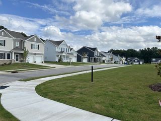 Street view Charming suburban street with elegant homes and manicured lawns in Elizabeth Springs by ExperienceOne Homes, LLC (Wake Forest, NC).