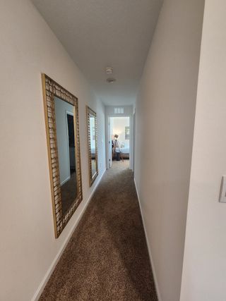 A cozy hallway with elegant mirrors and plush carpet leading to a sunlit room.