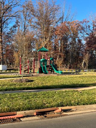 A vibrant playground nestled among trees at Calvin Creek by D.R. Horton in Troutman, NC, offering family-friendly fun.
