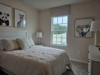 Cozy bedroom with animal artwork and soft bedding, featuring large window and elegant lighting.