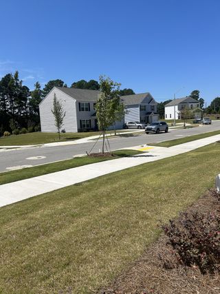 A vibrant suburban street with modern homes in Barwell Park by D.R. Horton, featuring manicured lawns in Raleigh, NC.