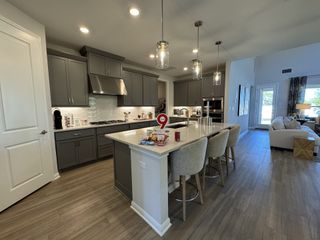 A modern kitchen with sleek gray cabinetry, a spacious island, and contemporary lighting, opening to a cozy living area.