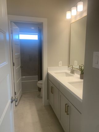 Model Home Sleek bathroom with dual sinks, modern lighting, and chic cabinetry, leading to a minimalist shower area.