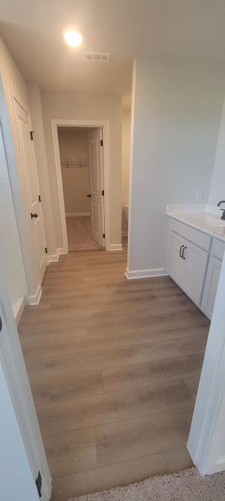 A sleek hallway with light wood flooring, a modern vanity, and a spacious walk-in closet.