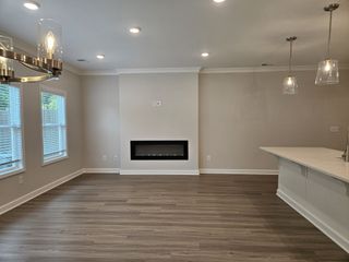 A modern living space featuring wood floors, a sleek electric fireplace, and elegant pendant lighting for a cozy ambiance.